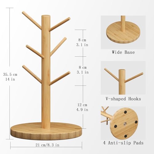 Bamboo Mug Holder Tree, Countertop 6-Hooks, Storage Tray, Natural