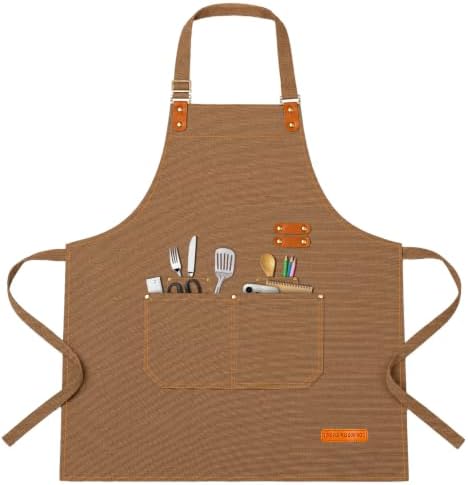 Teskyer Canvas Kitchen Apron with 4 Pockets, Brown