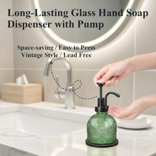 Amolliar 8 Oz Glass Vintage Soap Dispenser Plastic Pump,Green