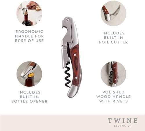 Twine Double Hinged Waiters Corkscrew Wine Opener with Built-in Bottle