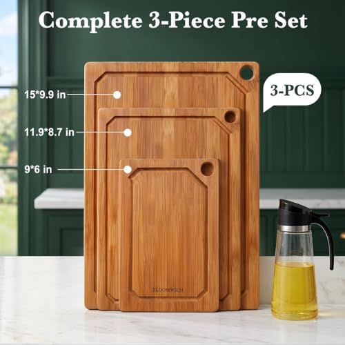 Carbonized Bamboo Cutting Boards for Kitchen Set of 3 Knife-Friendly