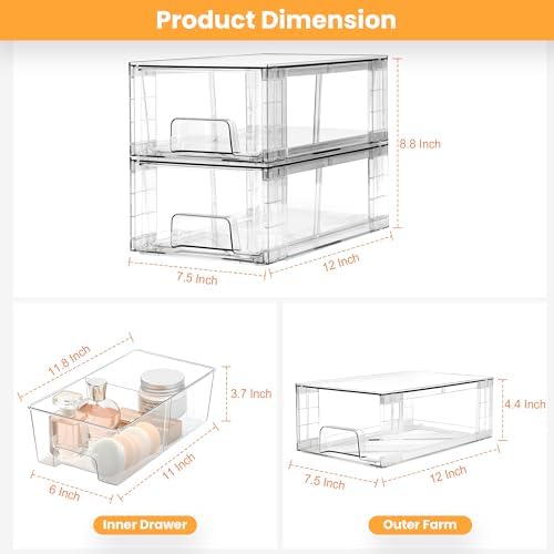 2 Pack Stackable Storage Drawers,Plastic Organizers Bins, Drawers