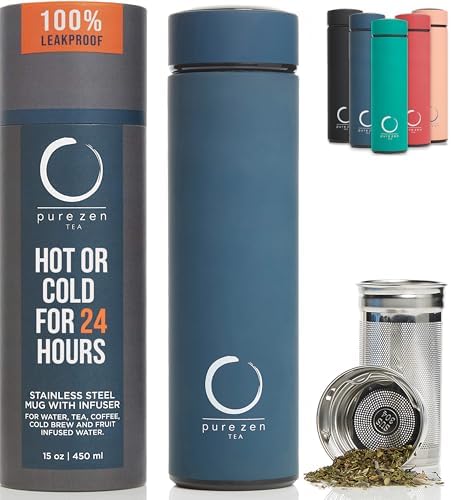 Pure Zen Tea Insulated Tea Infuser Bottle, 15 oz, Tea Thermos with