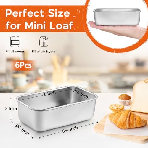 Onader Mini Loaf Pan for Baking Bread 6 Pack, 61⁄4 x 35⁄8 Inch