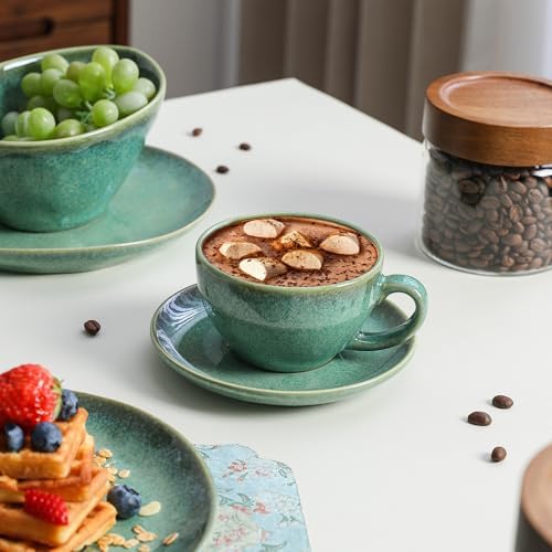 Henten Home Ceramic Latte Cups with Saucers, Coffee Cup Set of 4