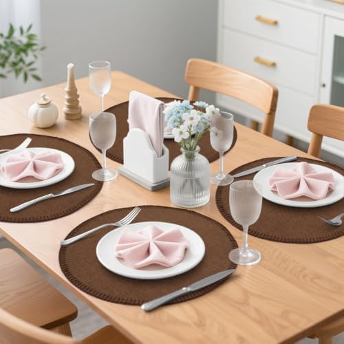 15" Round Placemats Set of 6, Faux Linen Cloth Place Mats, Coffee