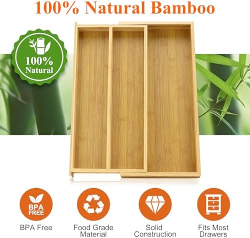 Large Bamboo Expandable Silverware Drawer Organizer