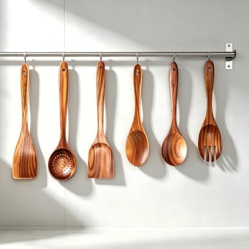 6-Piece Teak Wooden Utensil Set with Hooks