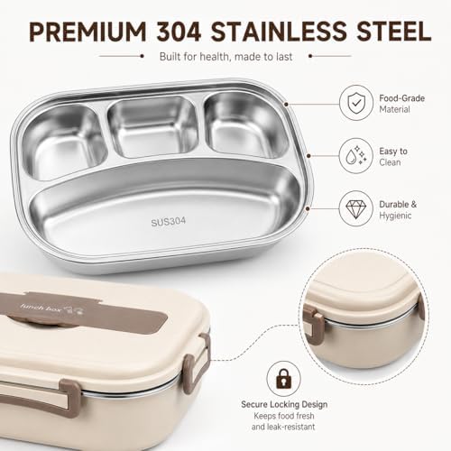 304 Stainless Steel Bento Box, 4 Compartments, Beige