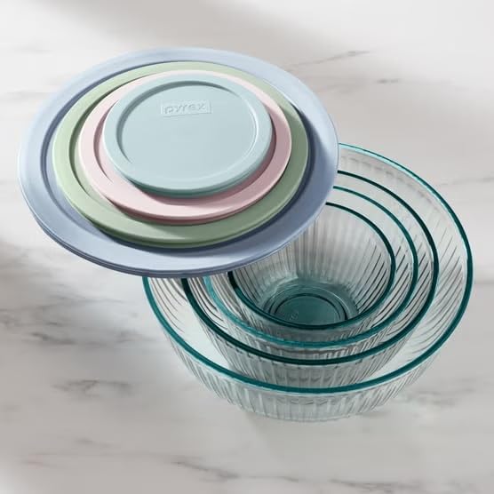 Pyrex Ribbed Glass Mixing Bowl Set with Pastel Lids, 8 Piece Nesting