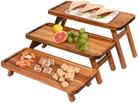 GEHE 3 Tier Serving Tray Acacia Wooden Tiered Tray Stand Foldable Dessert Table Display Set Decor Charcuterie Boards for Party, Birthday, Wedding, Christmas