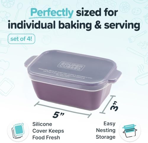 Souper Cubes 5"x3" Ceramic Baking Dishes with Lids, Plum, 4-Pack