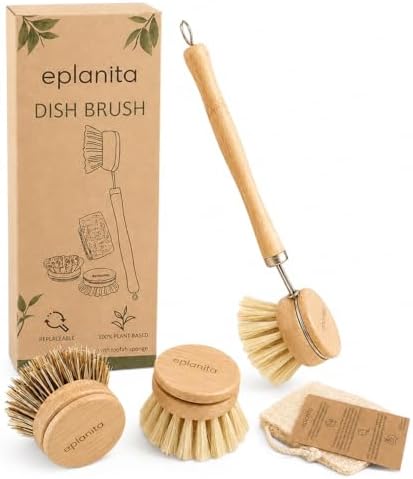 eplanita Natural Dish Brush with 3 Replacement Heads