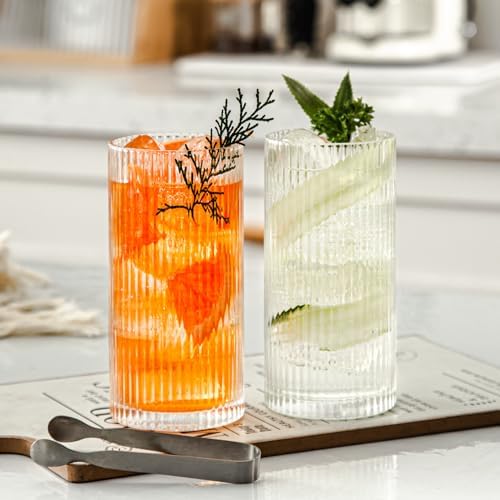 Highball Glasses Set of 8 - Vintage Ribbed Glassware for Iced Coffee