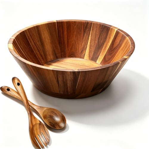 Wooden Salad Bowls, Large Acacia Wood Serving Bowl with Utensils