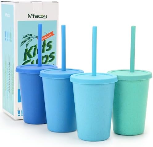 Mfacoy 4 Pack Wheat Straw Cups with Lid and Straws, 10 oz Unbreakable