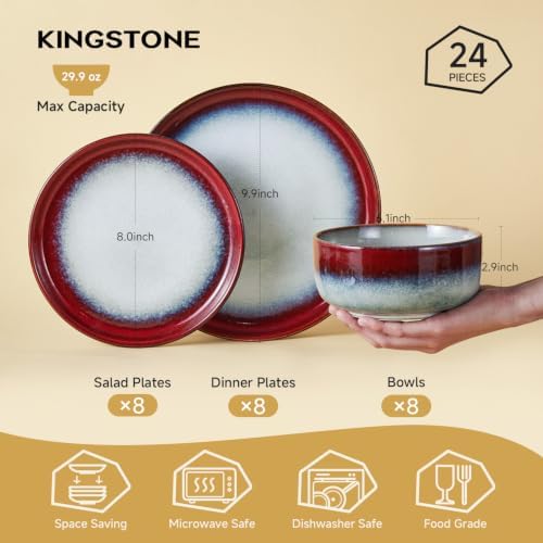 KINGSTONE Stoneware Dinnerware Sets for 8, Reactive Glaze, Kiln-Fired Red