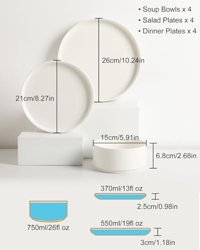 Sweejar Porcelain Dinnerware Sets for 4, 12 Pieces Ceramic Plates and