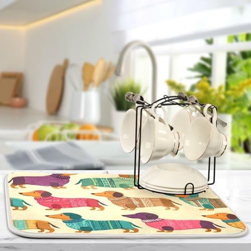 OTVEE Cute Dog Art Dish Drying Mat for Kitchen Counter Absorbent Heat