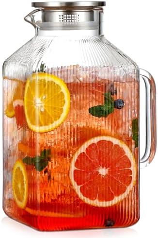 1 Gallon Square Classic Stripes Glass Pitcher with Lid, Pitchers for
