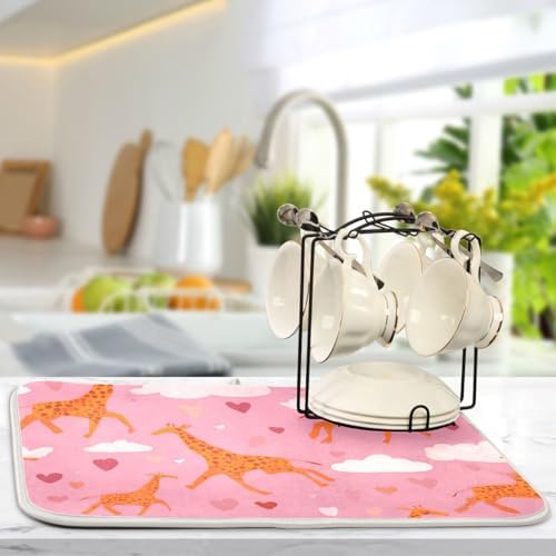 OTVEE Pink Giraffe Art Dish Drying Mat for Kitchen Counter Absorbent