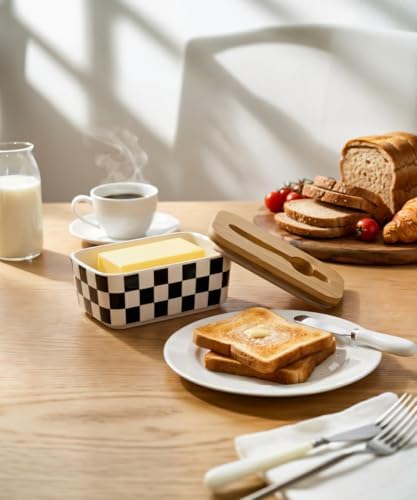 Butter Dish with Lid for Countertop, Checkered Ceramic Butter