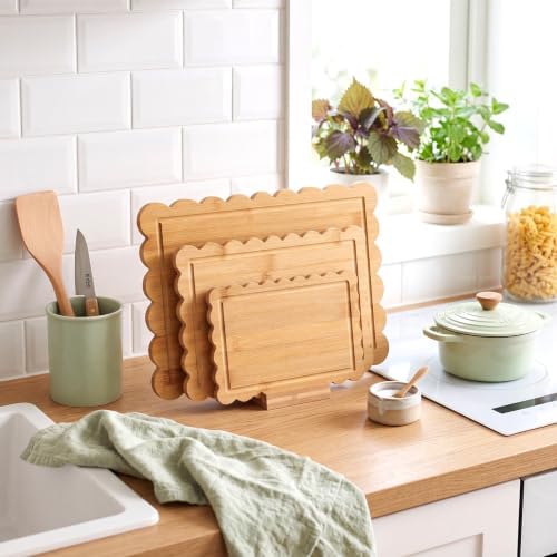 3 Pcs Bamboo Scalloped Cutting Boards with Holder
