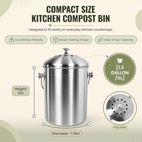 Epica Kitchen Compost Bin for Kitchen Countertops, 1.3 Galllon