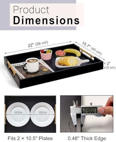 22 Inches Wooden Serving Tray with Handles, Black Ottoman Tray