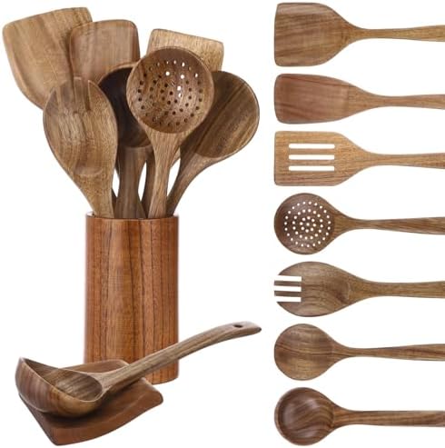 10-Piece Natural Teak Wood Kitchen Utensil Set with Holder