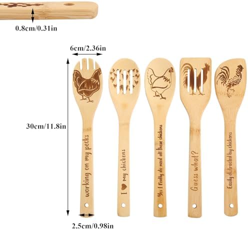 Chicken Wooden Spoons for Cooking, 5 PCS Engraved Kitchen Utensils Set