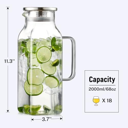 2 Quart (2 Liter 68 oz) Square Glass Pitcher with Lid and Spout, Water