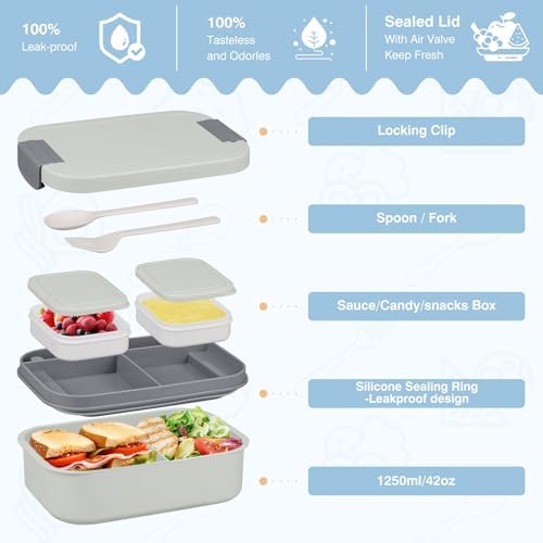 Bento Lunch Box Set with 10.5oz Soup Thermo Food Jar, Grey