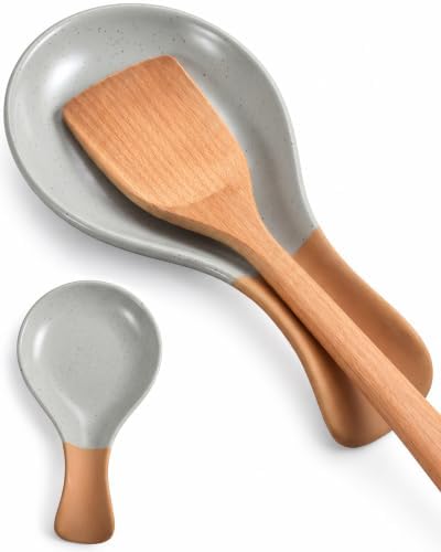 Ceramic Spoon Rest, Speckled Grey Farmhouse Utensil Holder, 8.3 in