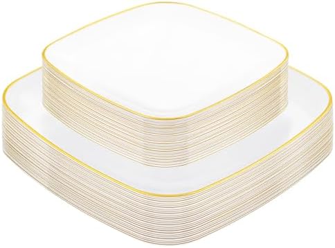 bUCLA 50PCS White and Gold Plastic Plates Disposable - Square Gold