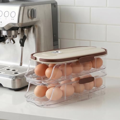 Egg Holder for Fridge with Lid, Automatic Rolling Dispenser