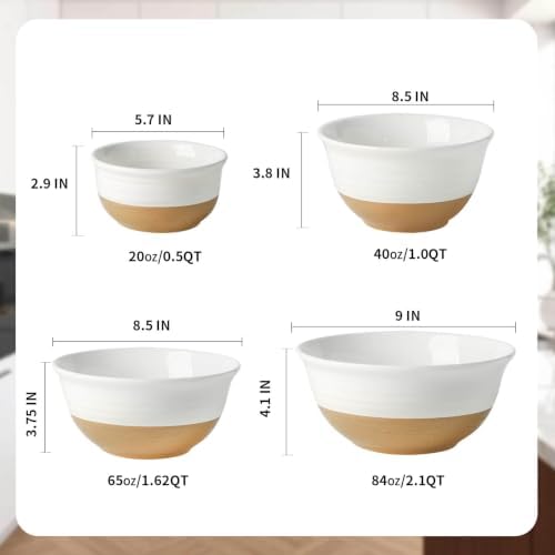 HASENSE Ceramic Serving Bowls Set of 4, 2.1/1.5/1.0/0.5 Qt White &