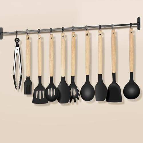 12-Piece Silicone Kitchen Utensils Set with Wooden Handle, Non-Stick &