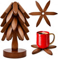 Foldable Black Walnut Wooden Trivet Set for Hot Dishes - 4 Trivets + 1