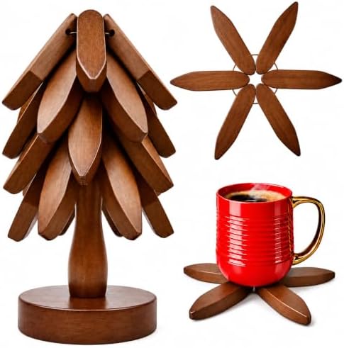 Foldable Black Walnut Wooden Trivet Set for Hot Dishes - 4 Trivets + 1