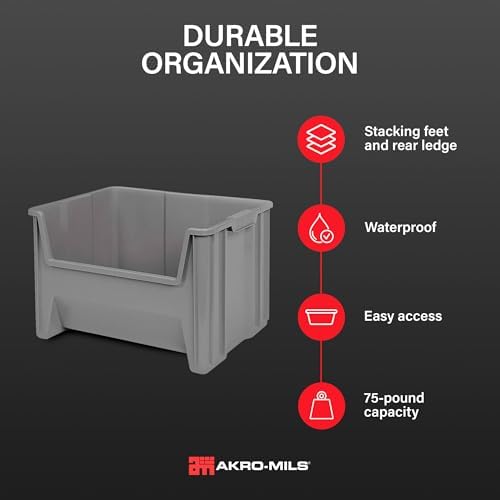 Akro-Mils Stak-N-Store Plastic Storage Bin, Gray, 3 Pack
