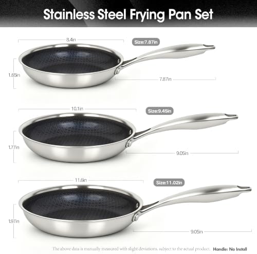 BRASA,3PCS,Nonstick Frying Pan Set,7.87in+9.45in+11.02in,Stainless Steel Pan Set,Skillet set Ceramic Nonstick Cookware set,Compatible Gas,Induction Dishwasher Safe PFOS,PFOA Free Frying Pan Set