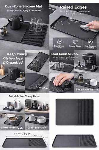 Silicone Dish Drying Mat, Large Drainage Mat for Kitchen Countertop
