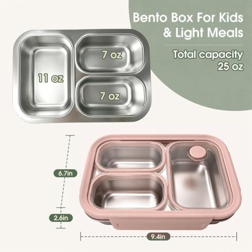 Kabbas Kids Adults Stainless Steel Bento Box, 3-Compartment Metal