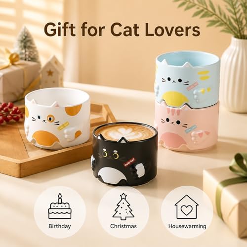 Stackable Cat Mug Set of 4, 10 oz Ceramic Coffee and Tea Cups, Cute