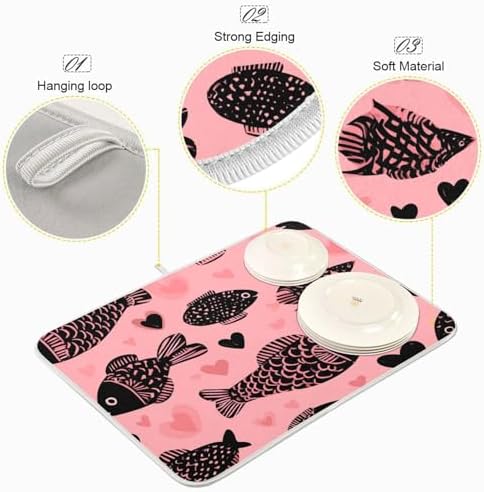 OTVEE Minimalist Fish Art Dish Drying Mat for Kitchen Counter