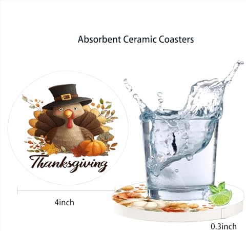 Thanksgiving Turkey Pumpkin Coasters Set of 6, Round Absorbent Ceramic