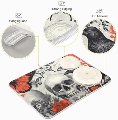 OTVEE Dark Art Of Skull Dish Drying Mat for Kitchen Counter Absorbent