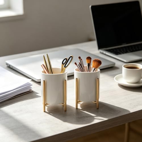 2-Piece White Ceramic Cutlery Caddy with Metal Bracket