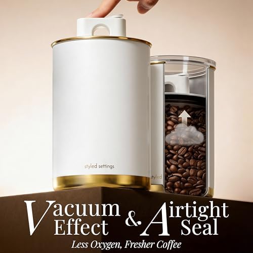 STYLED SETTINGS Vacuum Coffee Canister with Airtight Lid, White and